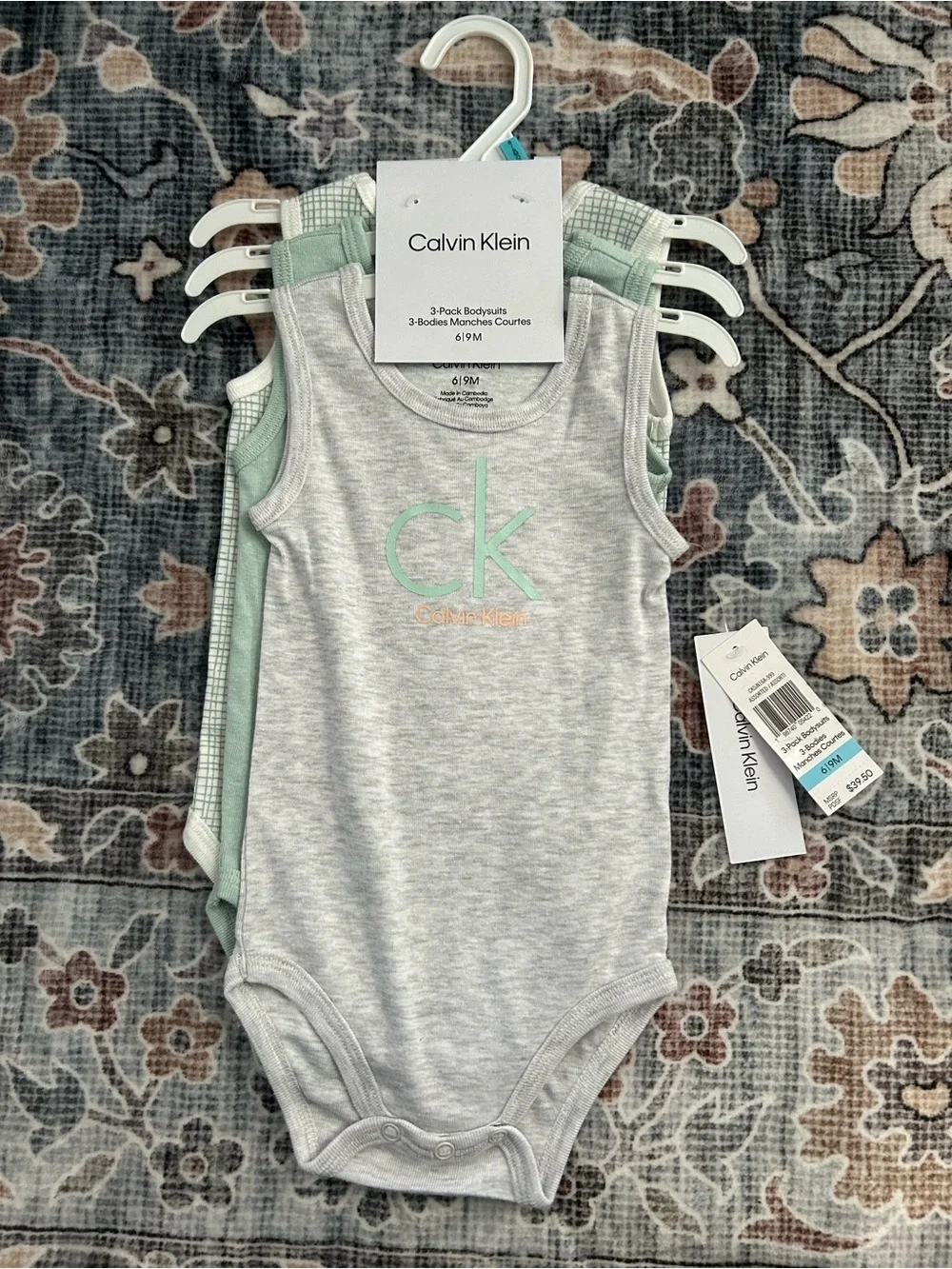 ✅ Calvin Klein Baby 3-Pack Bodysuits 6-9M NWT Gray Mint Check CK Logo